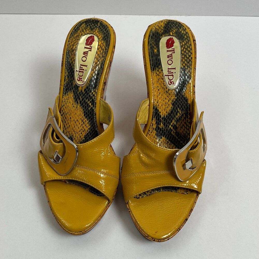 Two Lips Vintage Yellow Snake Print Cork Wedge